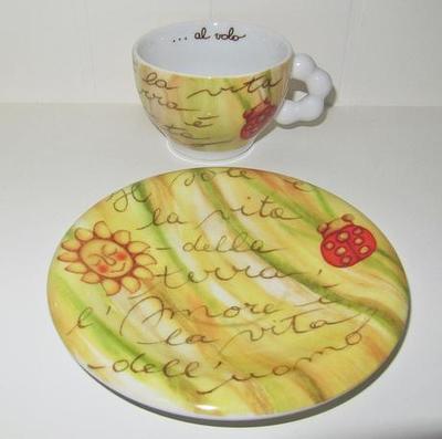 Porcelánová šálka, tanierik lienka a slnko - talianska značka THUN - Obrázok č. 1