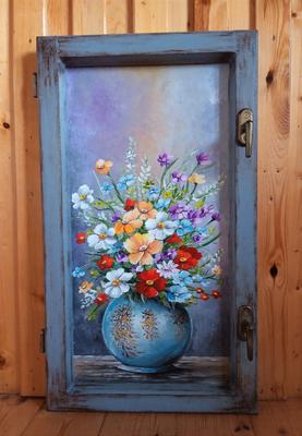 Obraz v starom okne Váza s kvetmi - Obrázok č. 1