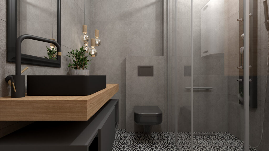 3D návrh interiéru modernej kúpeľne v industriálnom štýle