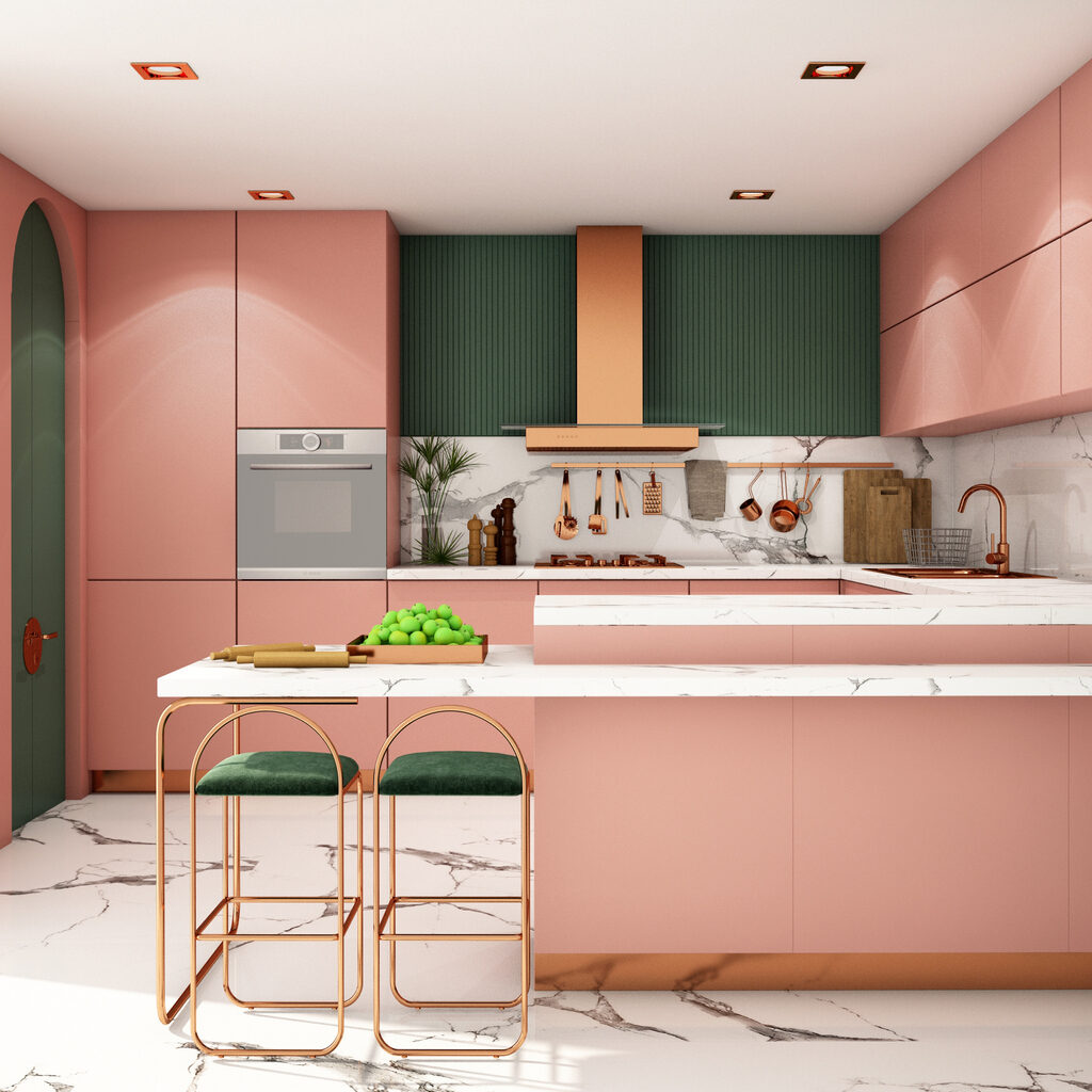 moderná kuchyňa s mramorovým obkladom a rose gold doplnkami