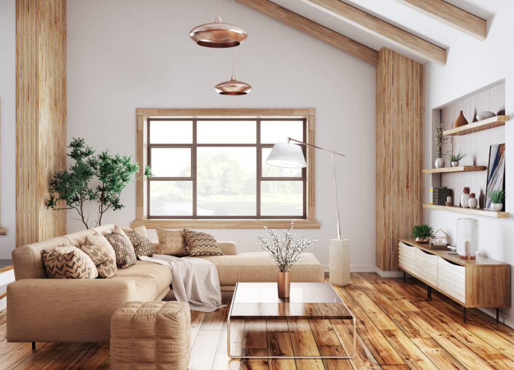 moderná obývačka v zemitých farbách