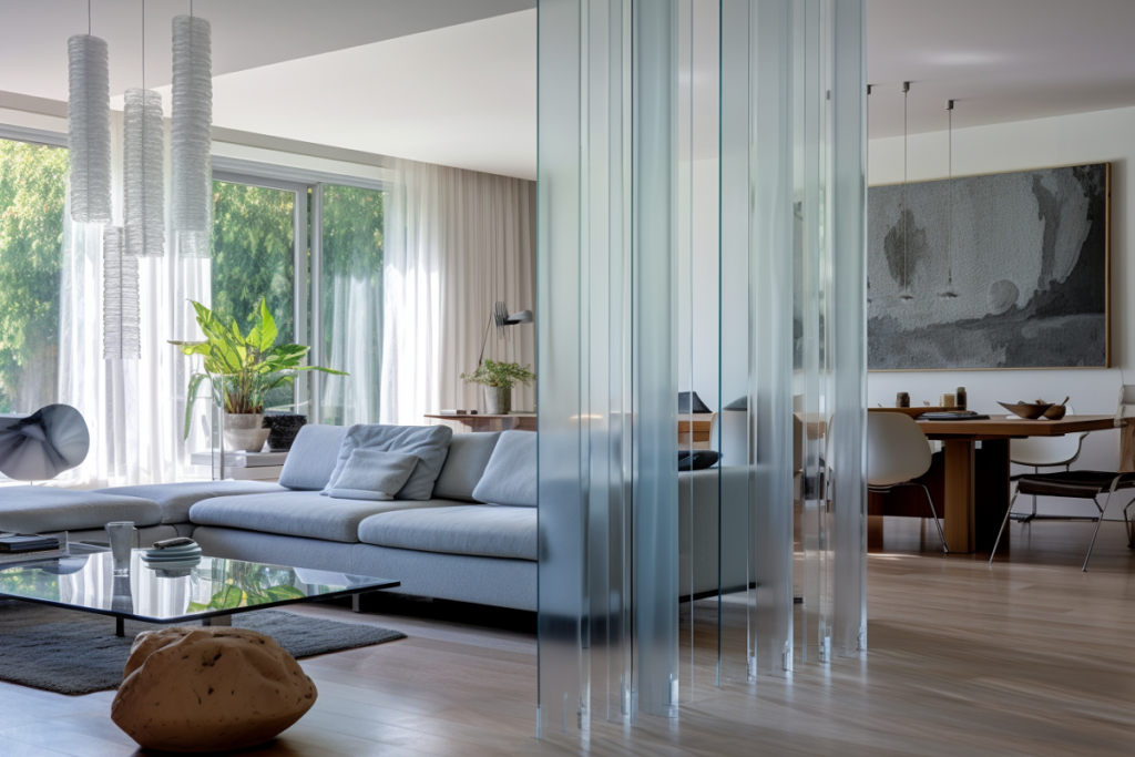 Nábytok zo skla, konferenčný stolík a deliaca priečka