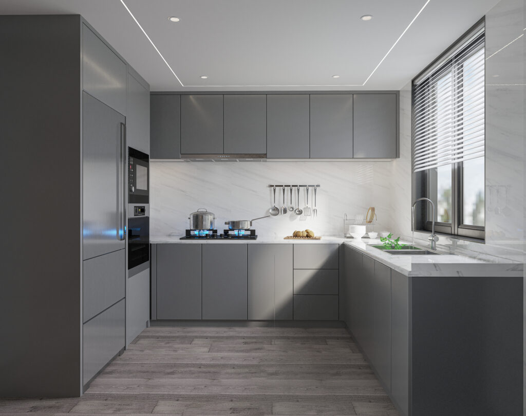 sivá moderná kuchyňa v tvare U