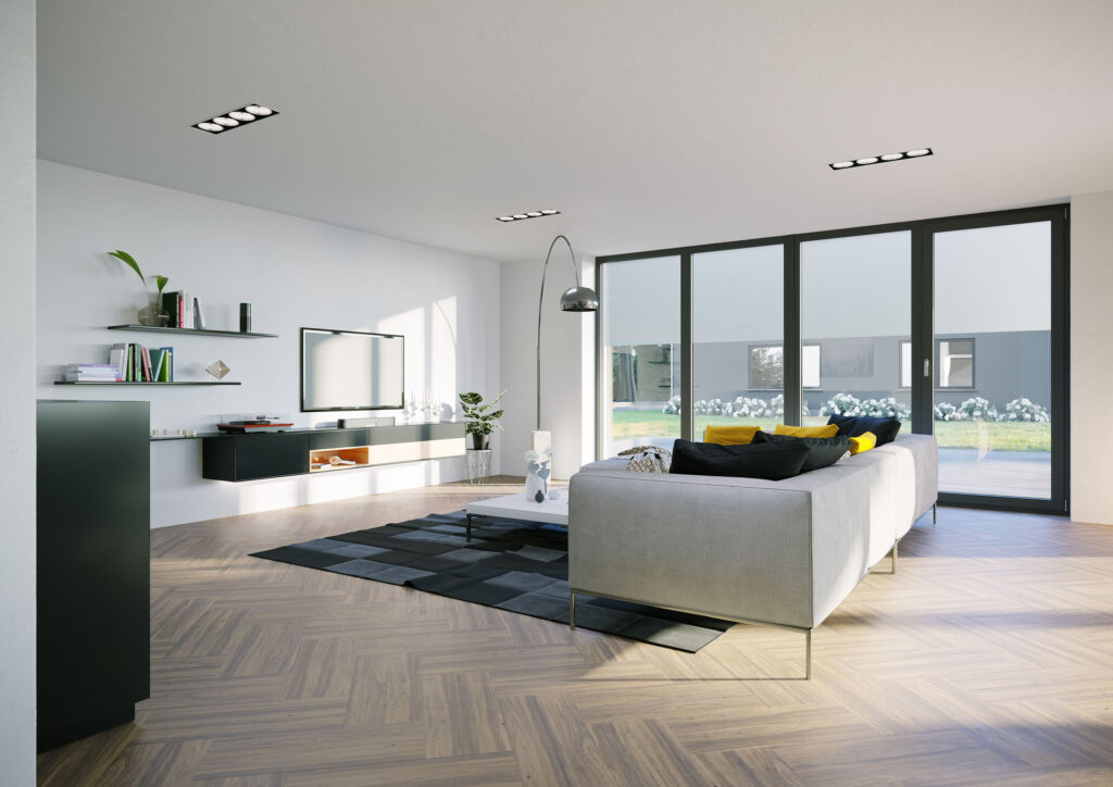 Elegantné posuvné dvere do záhrady v modernej obývačke REHAU