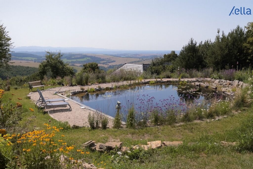 Prírodné jazierko a oddychová zóna s výhľadom na kopanice, ekologický domov Xella Ytong